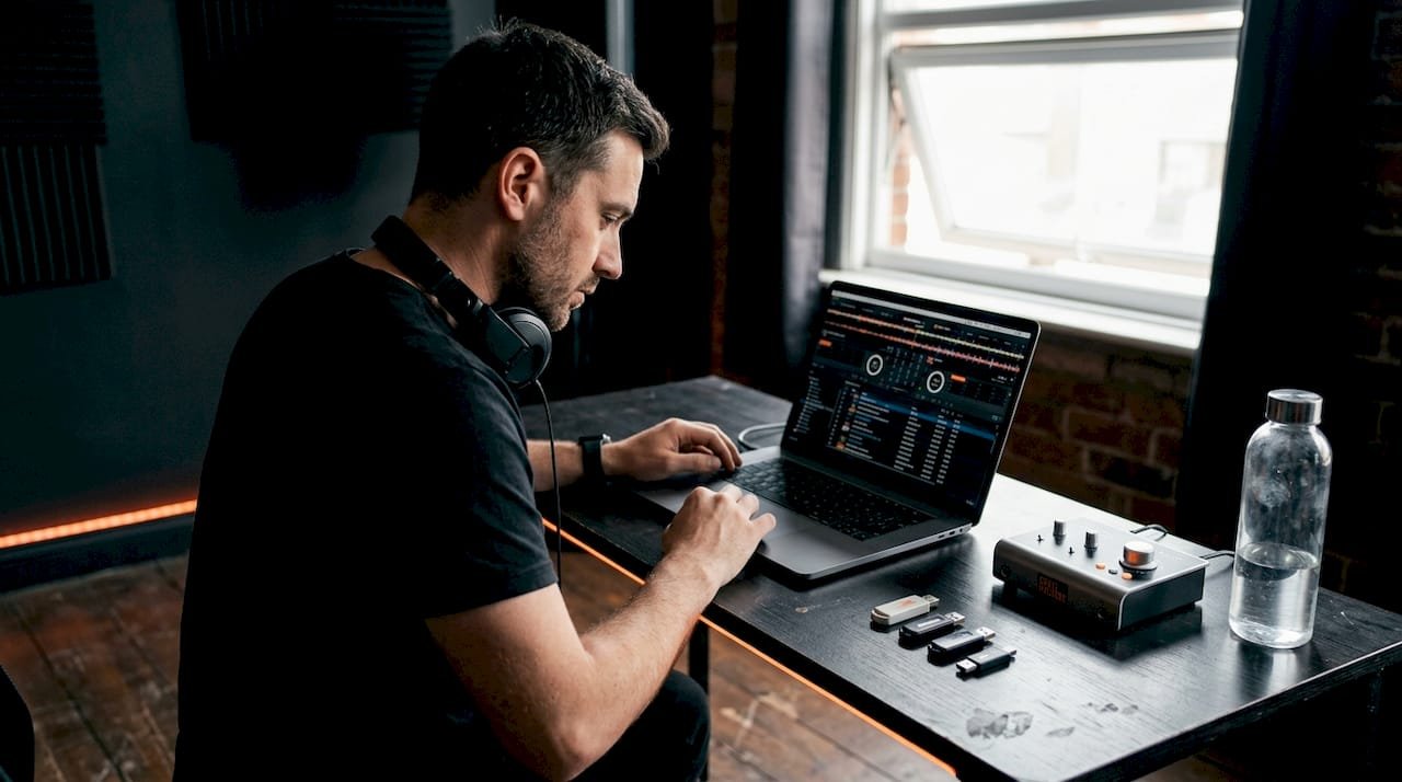 DJ reviewing music files in home studio