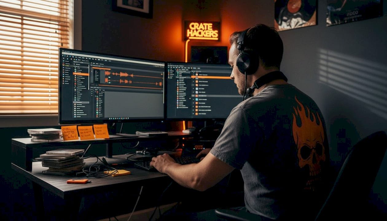 DJ organizing music library at home workstation