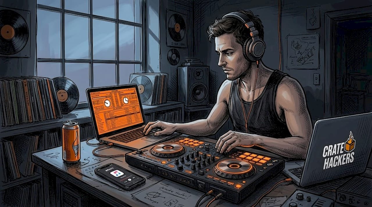 Home DJ mixing Apple Music tracks on laptop