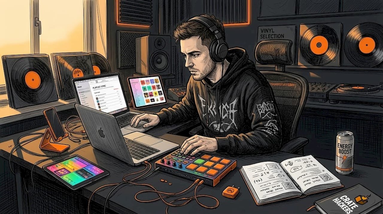 DJ syncing playlist from Apple Music on laptop
