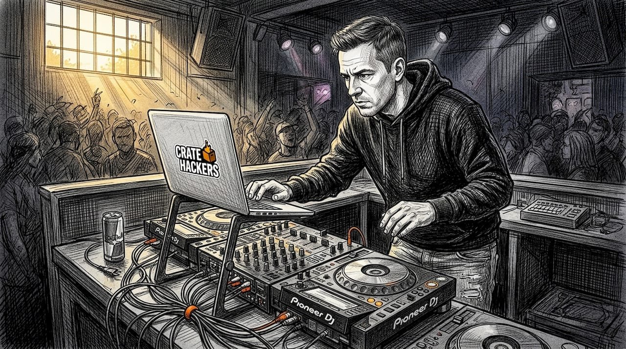 DJ reviewing software setup at club booth