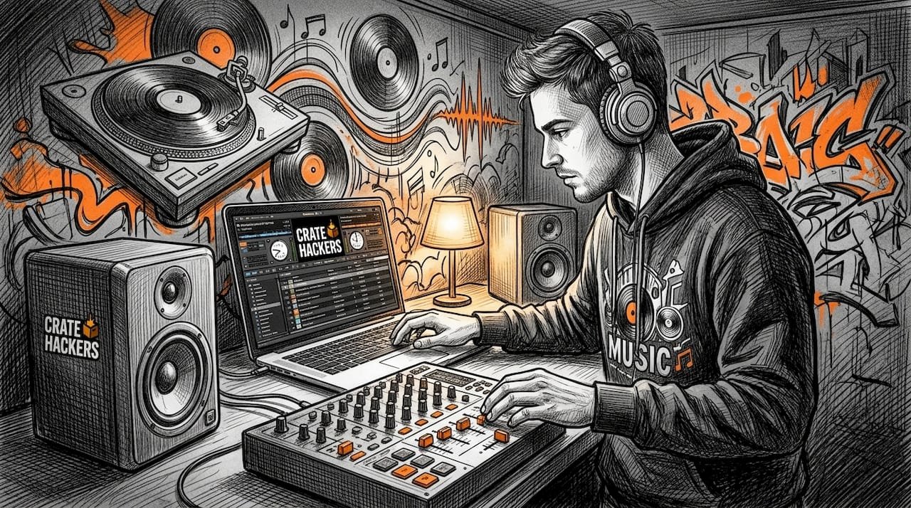 DJ browsing streaming catalog in home studio