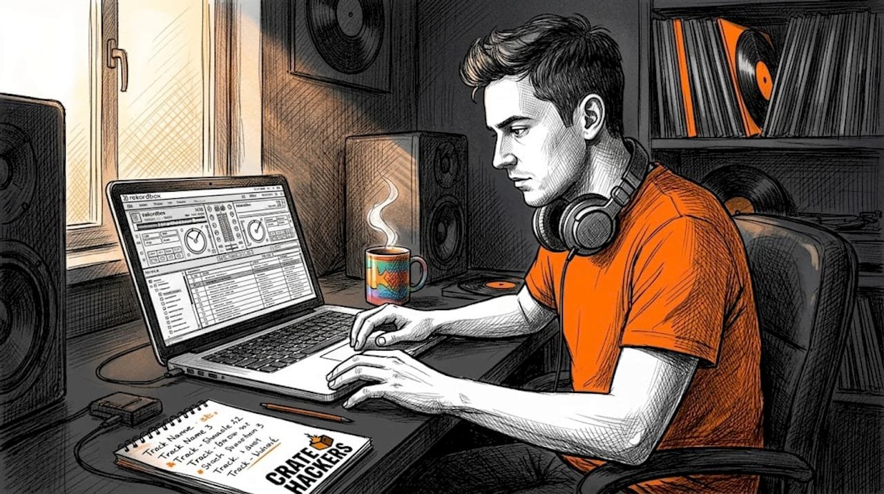 DJ importing music into Rekordbox at kitchen counter
