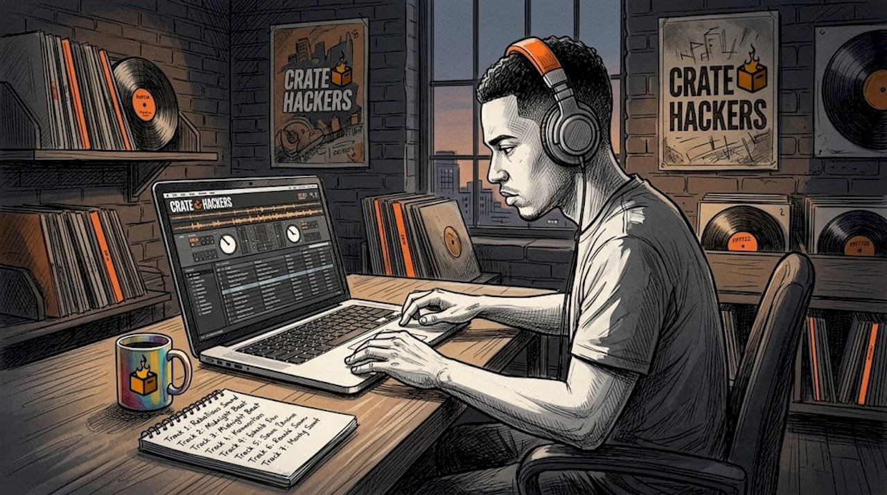 DJ organizing music files on laptop in home