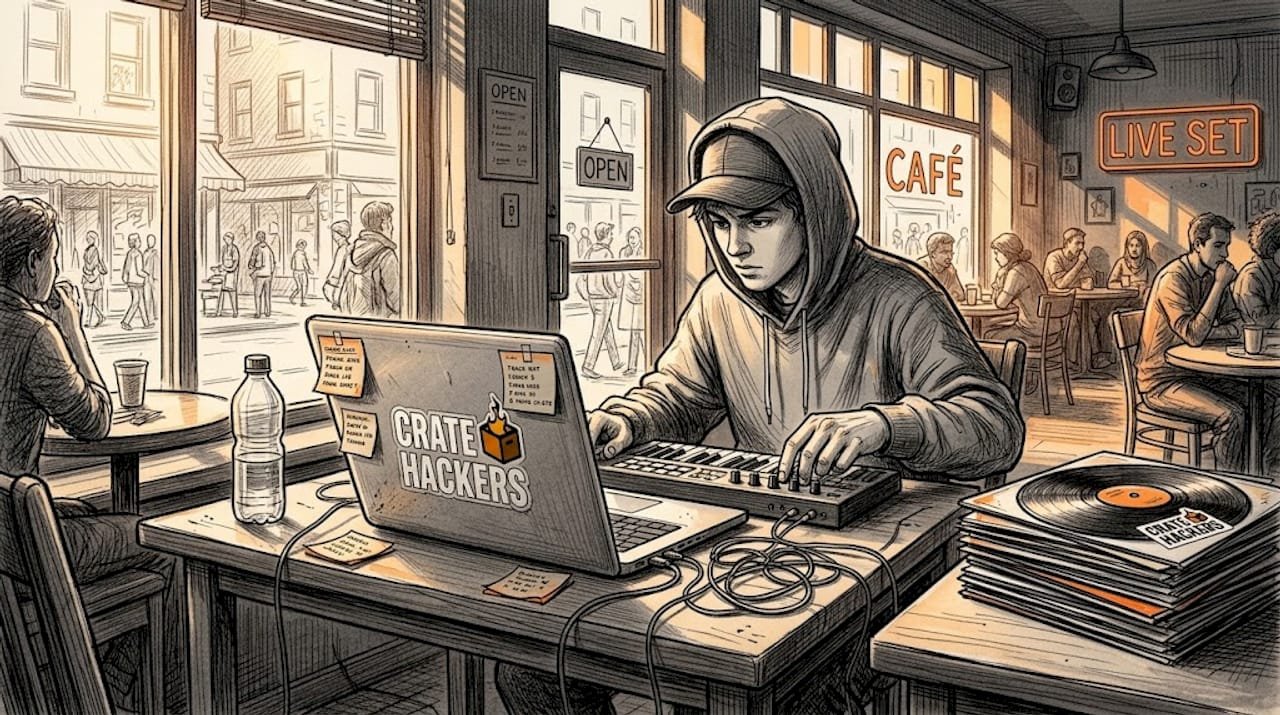 DJ manages music library at home desk