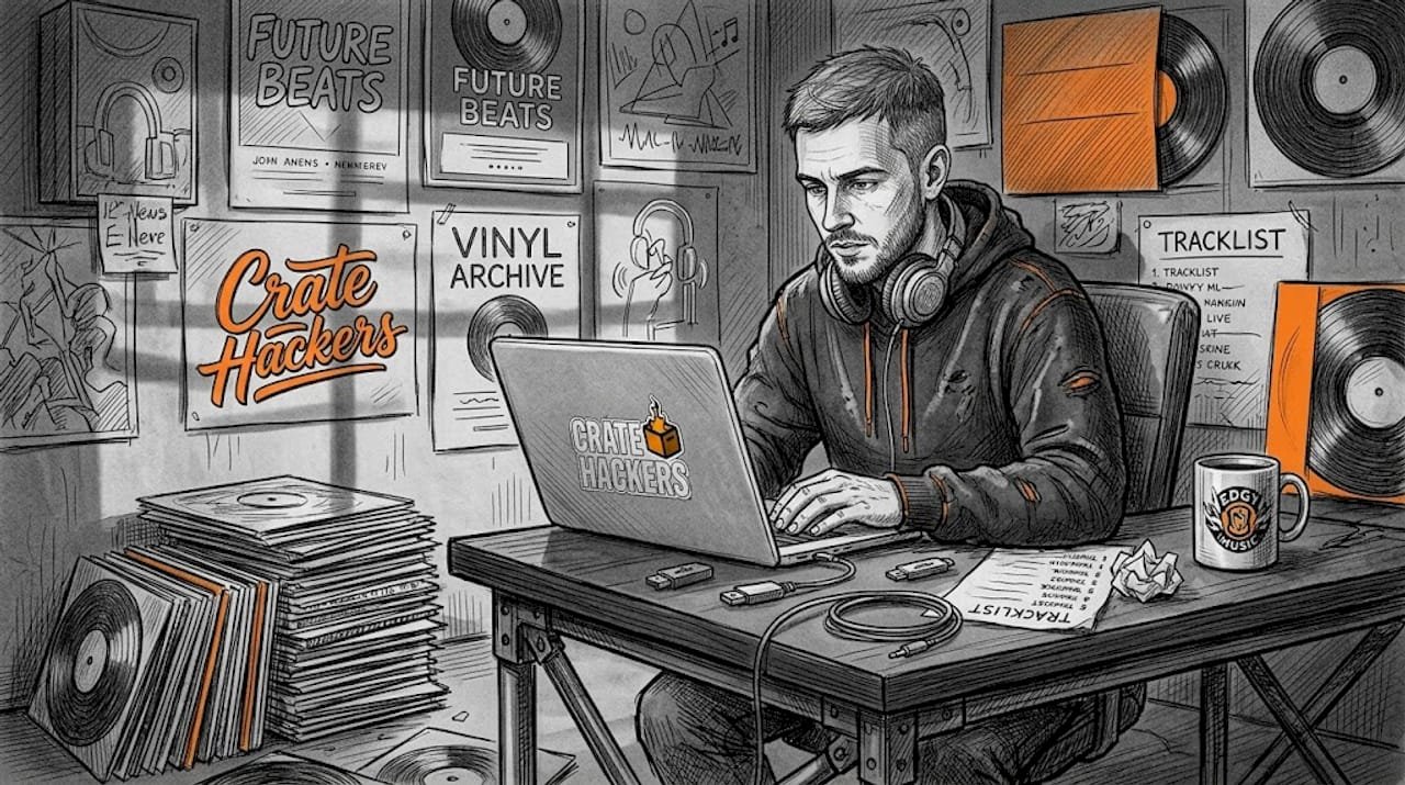 DJ organizing music library on Mac laptop