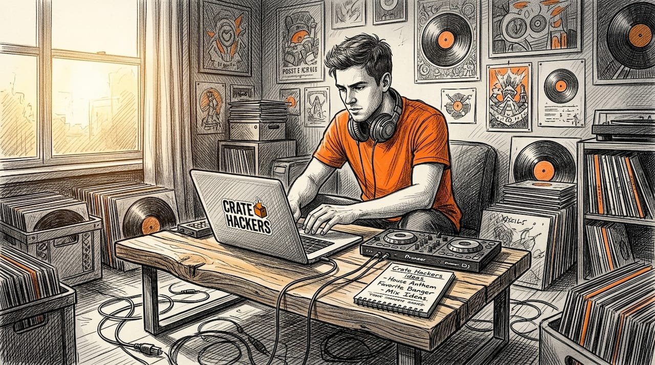 DJ organizing music at home studio table