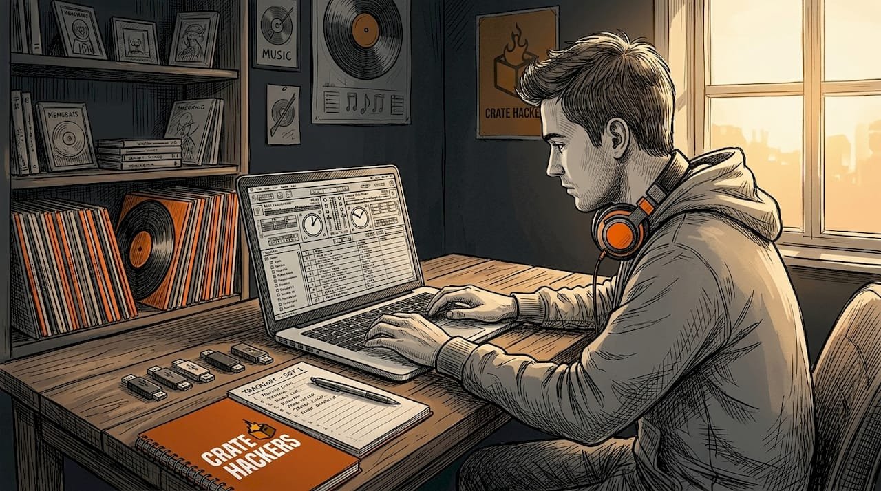 Hobbyist DJ organizing music in studio