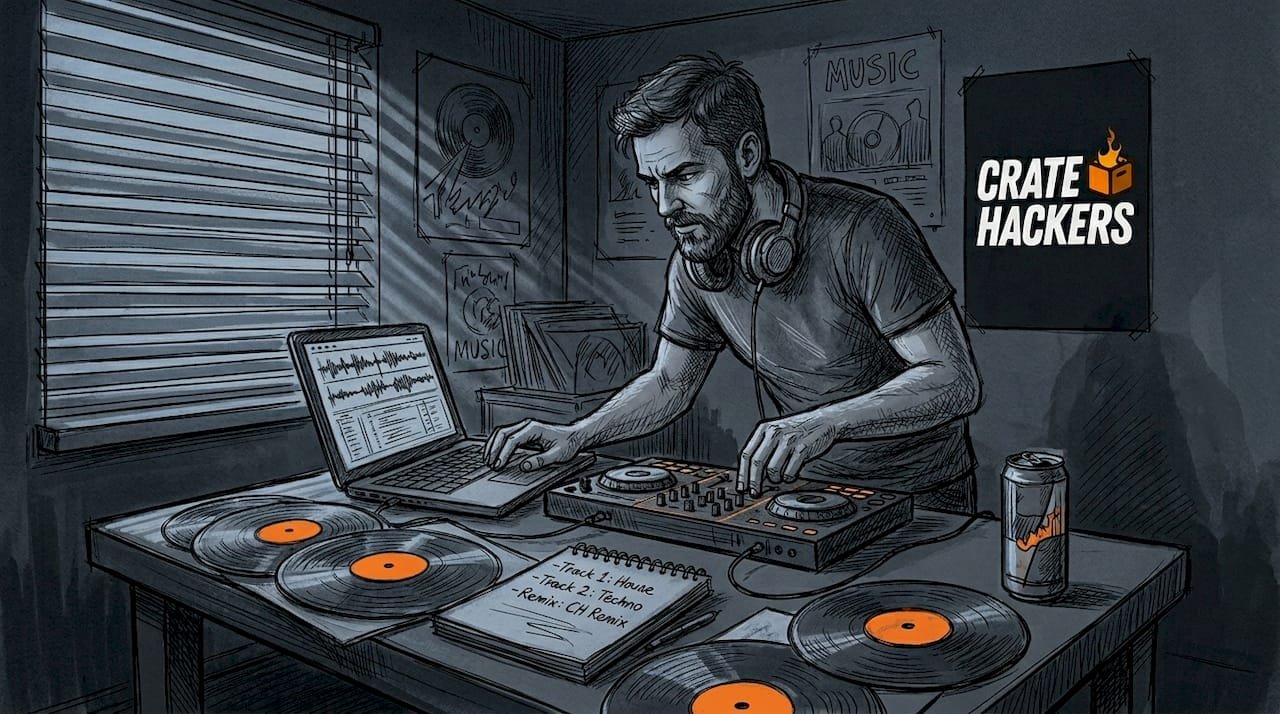 DJ adjusting digital tracks in living room