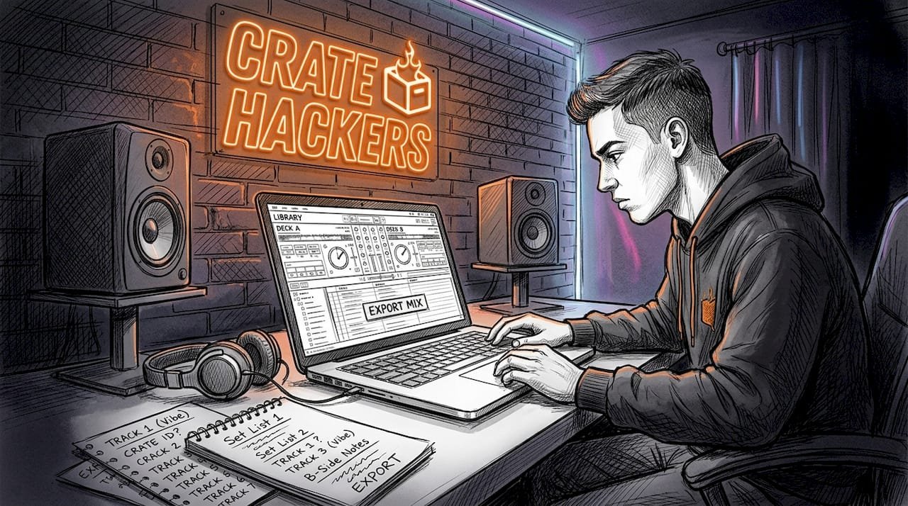 DJ exporting music mix on laptop in home studio