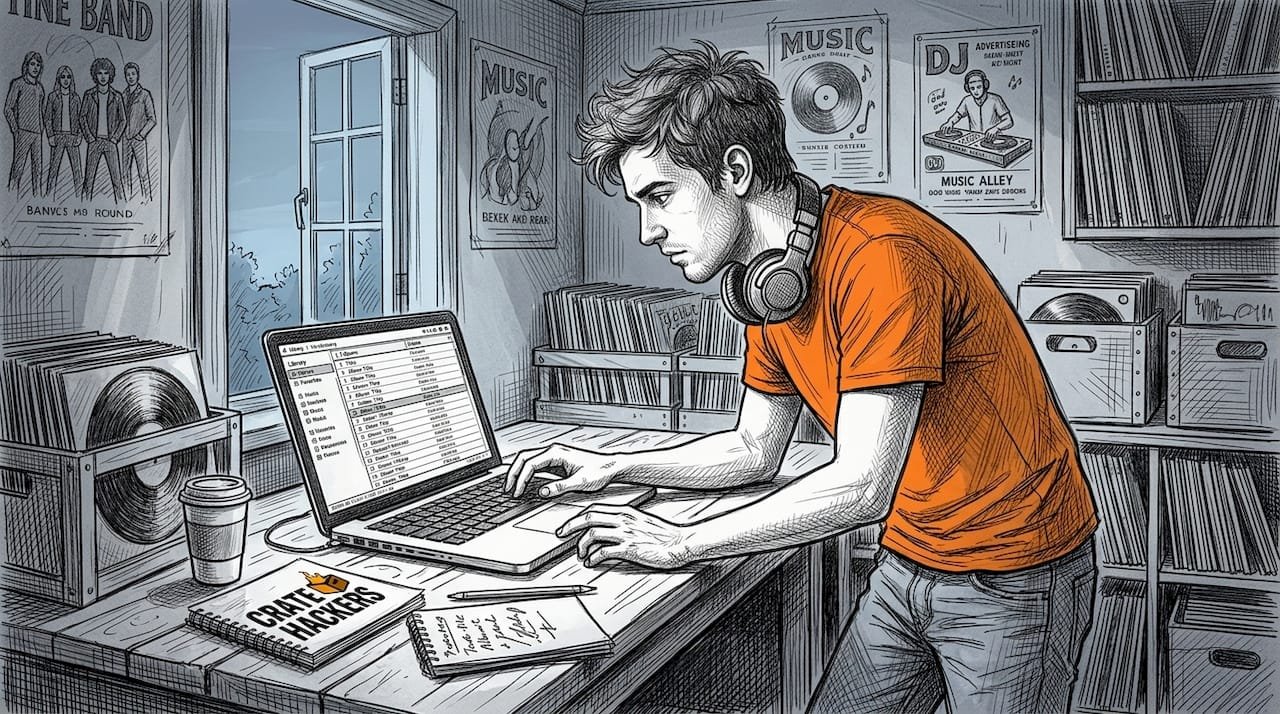 DJ organizing music library on laptop