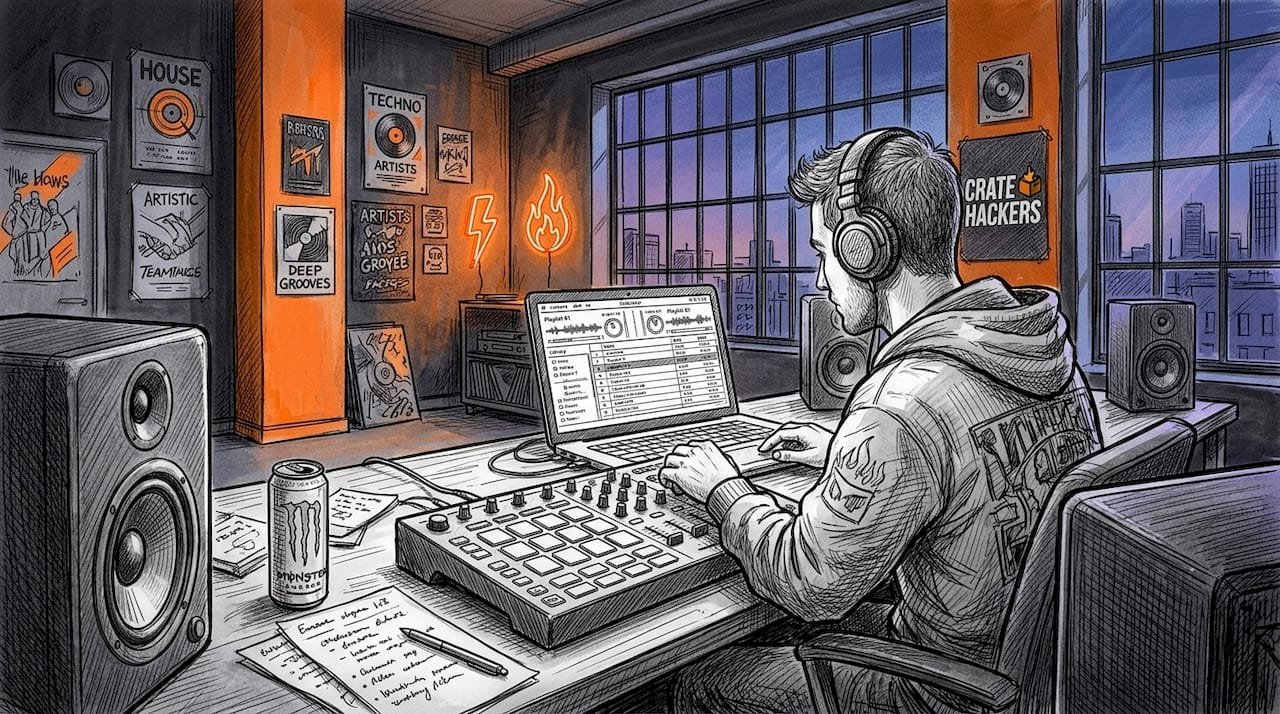DJ organizing music library at home studio desk