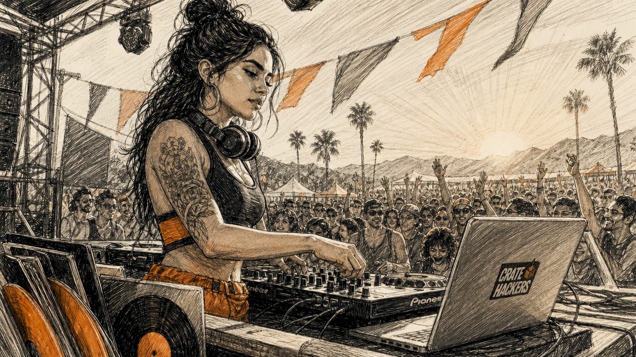 Female DJ performing live with DJ controller and laptop