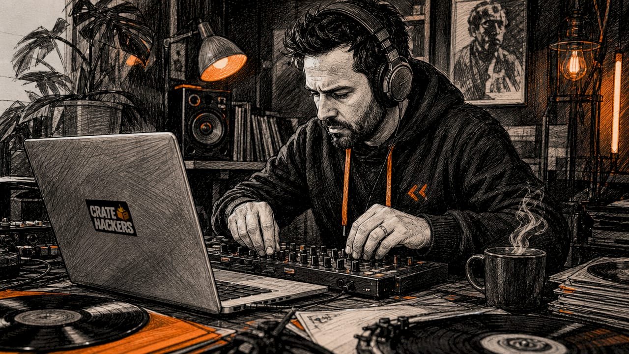 Professional DJ working in studio mixing music